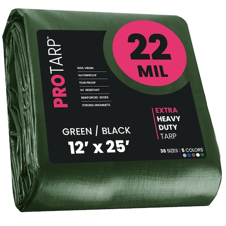 Protarp Heavy Duty Tarp, 12 ft x 25 ft, 22 Mil, Green/Black, Polyethylene PT-203-12X25